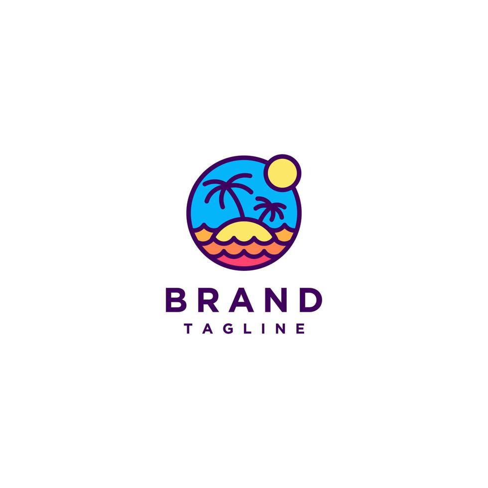 Sunset on the beach Logo Design. Minimalist logo design with a sunset on the beach in cheerful pastel colors in a circle. vector