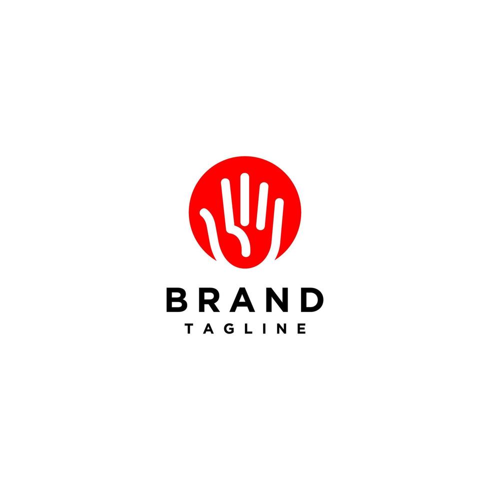 Simple Line Playful Hand inside the Red Circle. Friendly Logo Design With Open Hand Symbol Inside Red Circle. vector