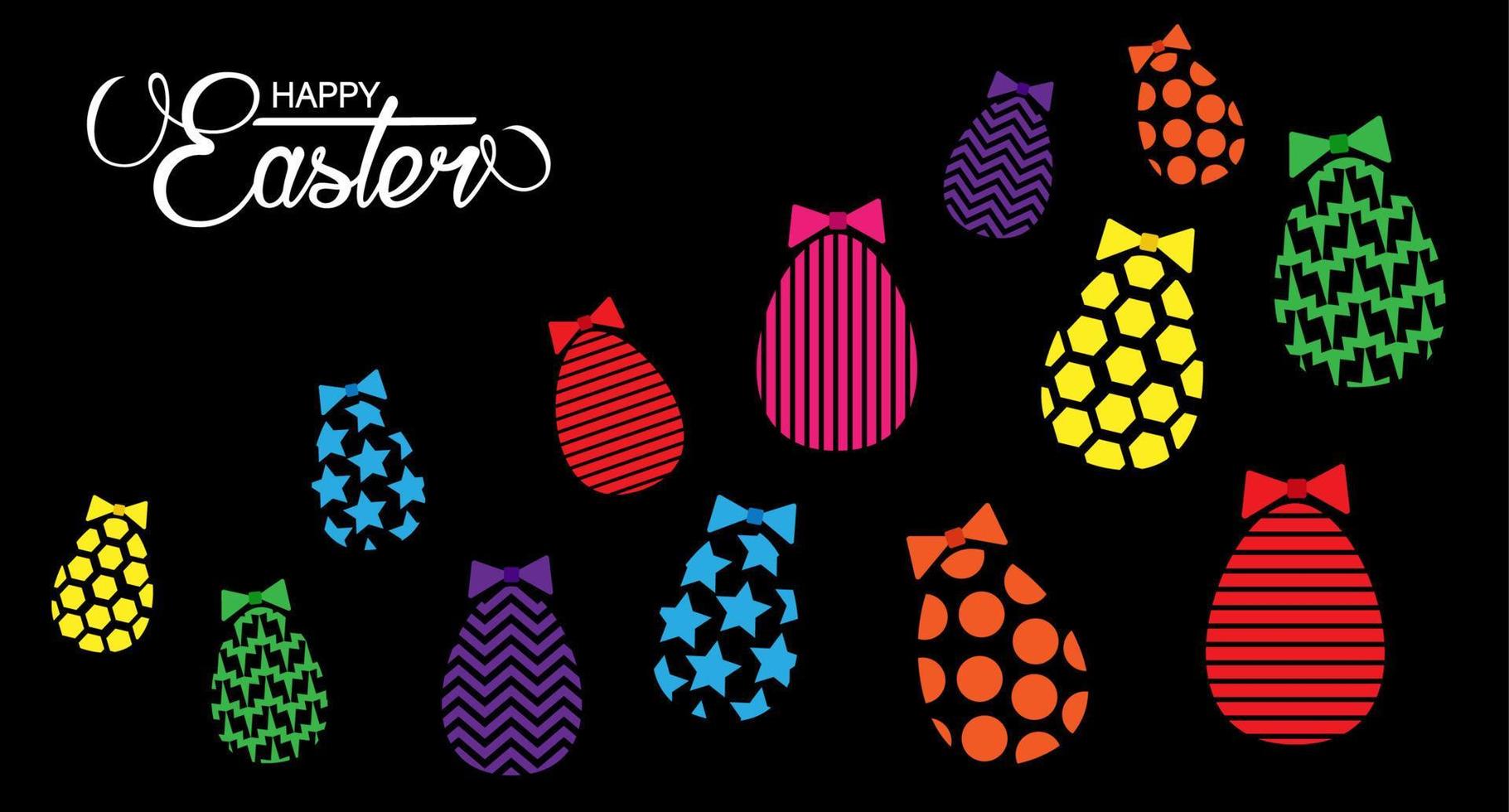 coloridos huevos de pascua banner establecer iconos. colección de huevos aislada sobre fondo negro. textura de diseño de moda. decoración feliz celebración de pascua. elementos de vacaciones vector símbolos de primavera