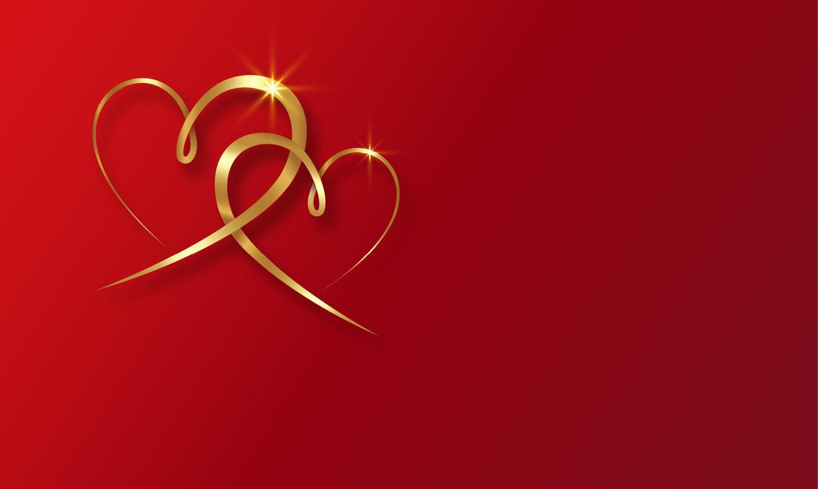 Marriage rings. Two golden interlocking hearts isolate on red background. Happy valentine's day concept, 3d vector illustration, copy space luxury banner