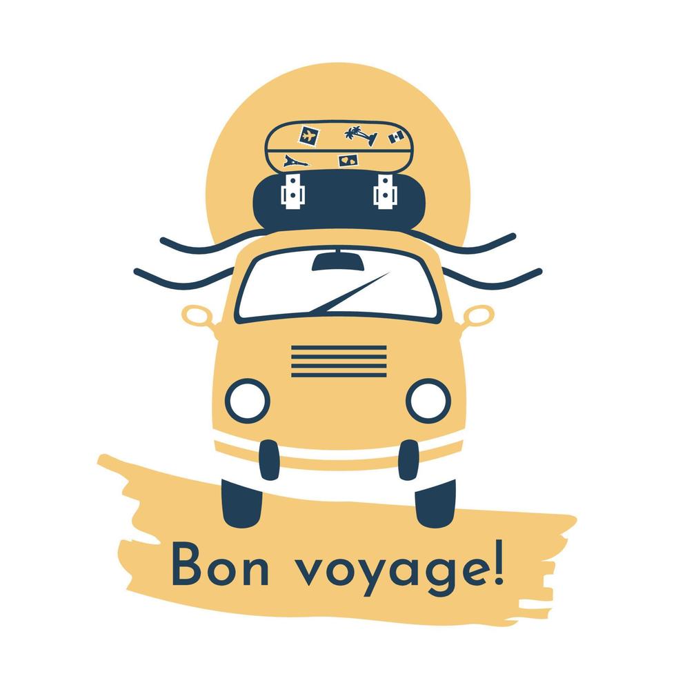 viaje. viaje de verano en autobús familiar al mar. viaje en coche y concepto de viaje turístico. vehículo familiar con maletas paseos por la carretera. ilustración vectorial plana para web, agencia de viajes, vacaciones familiares vector