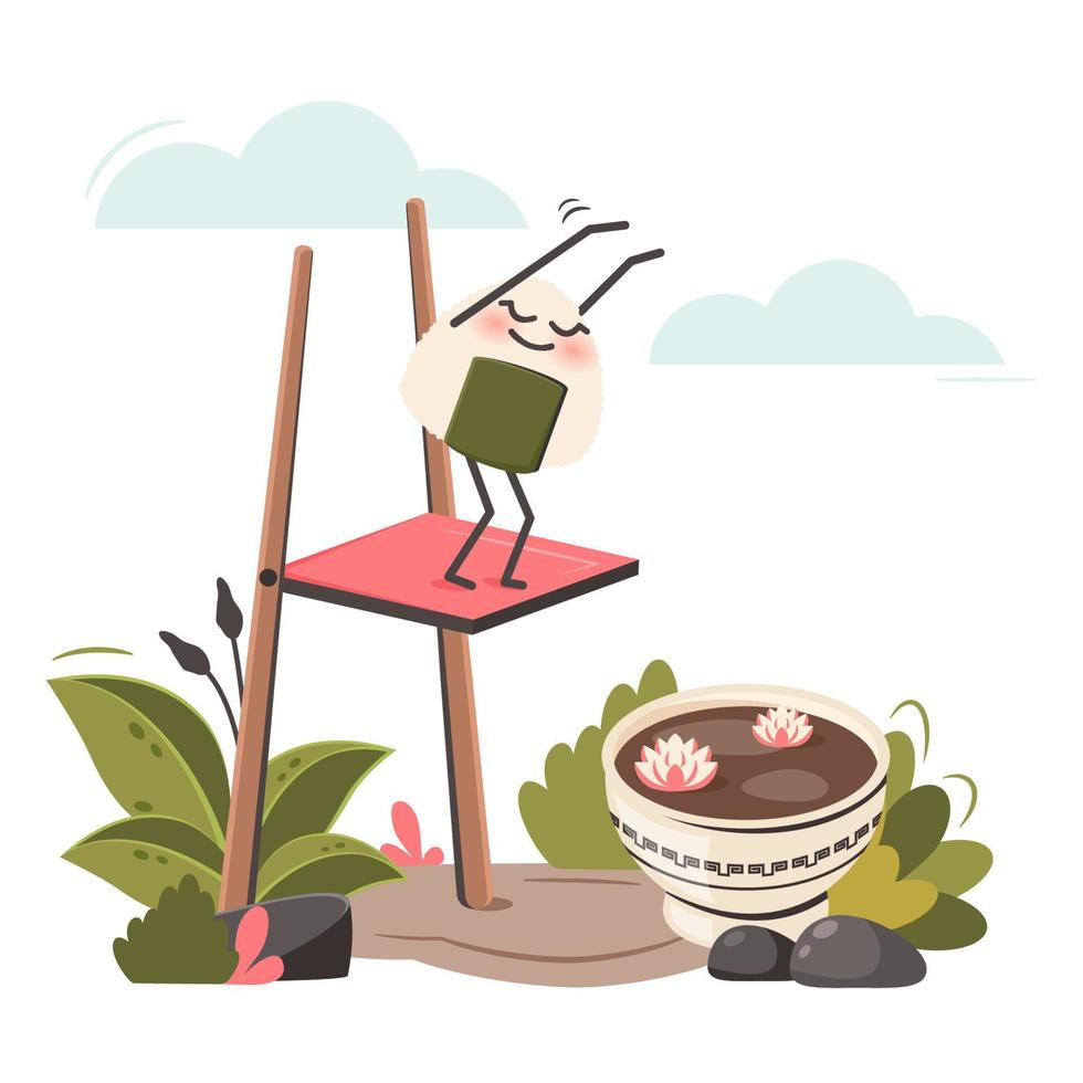 Traditional Japanese food onigiri. Asian dish. Rice ball character jumps into bowl of sauce. Doodle drawn vector illustration for menu, poster, flyer, banner, cooking concept