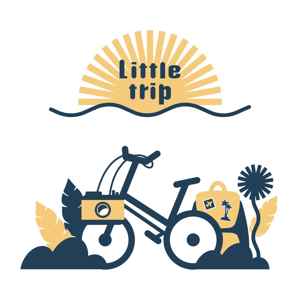 Travel by bike. Trip composition with bicycle, camera, backpack, plants, sun. Outdoor walking, healthy lifestyle, trip concept. Vector flat illustration for web, physical activity, family holidays