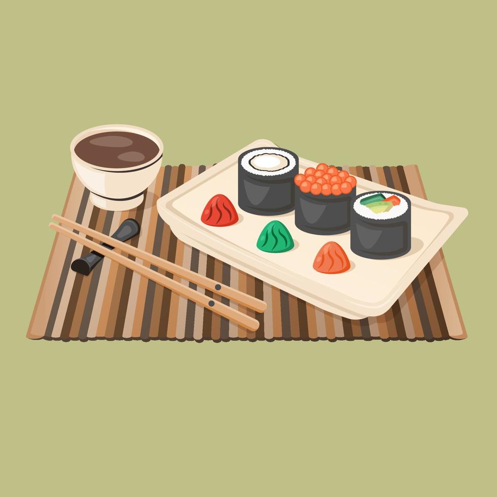 Composition of Japanese nigiri sushi rolls, with vassabi, sauce. Traditional Asian food closeup with chopsticks, wooden napkin. Vector flat illustration for menu, poster, flyer, banner, cooking