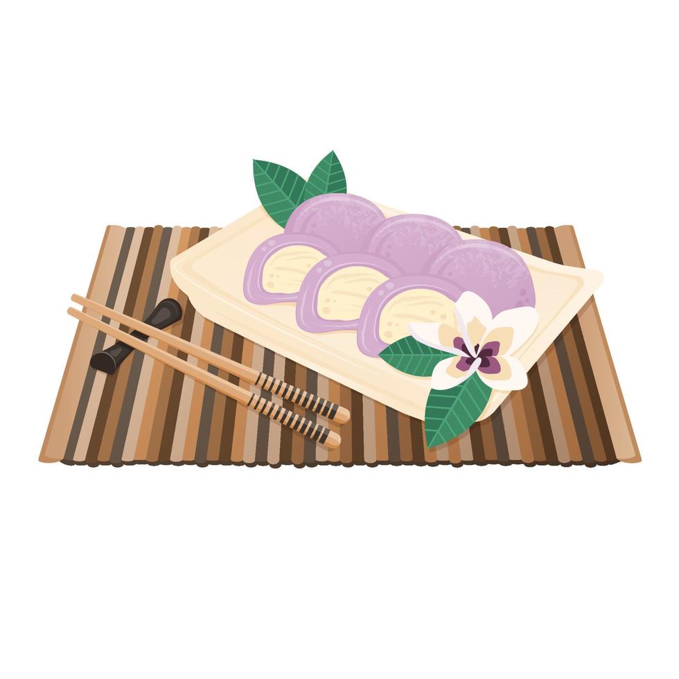 Purple Mochi with chopsticks, sakura blossoms on porcelain plate.Tasty Japanese rice dish with fruit filling. Vector flat drawn illustration for restaurant dishes, menu, dessert, cooking concept