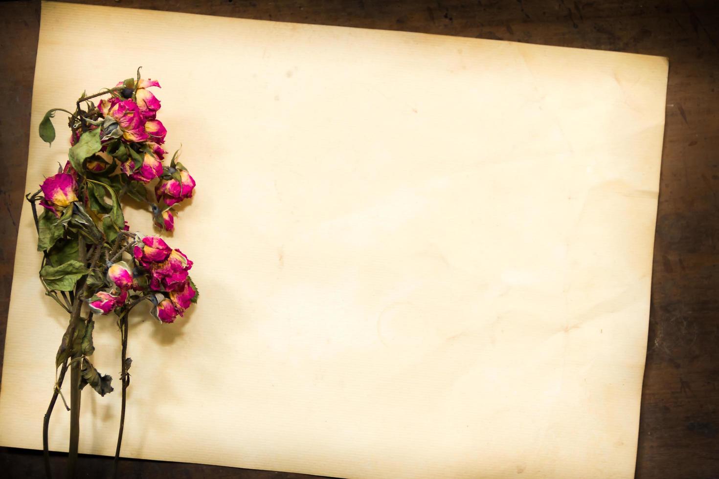 concept of passing time with wilted flowers on old papers photo