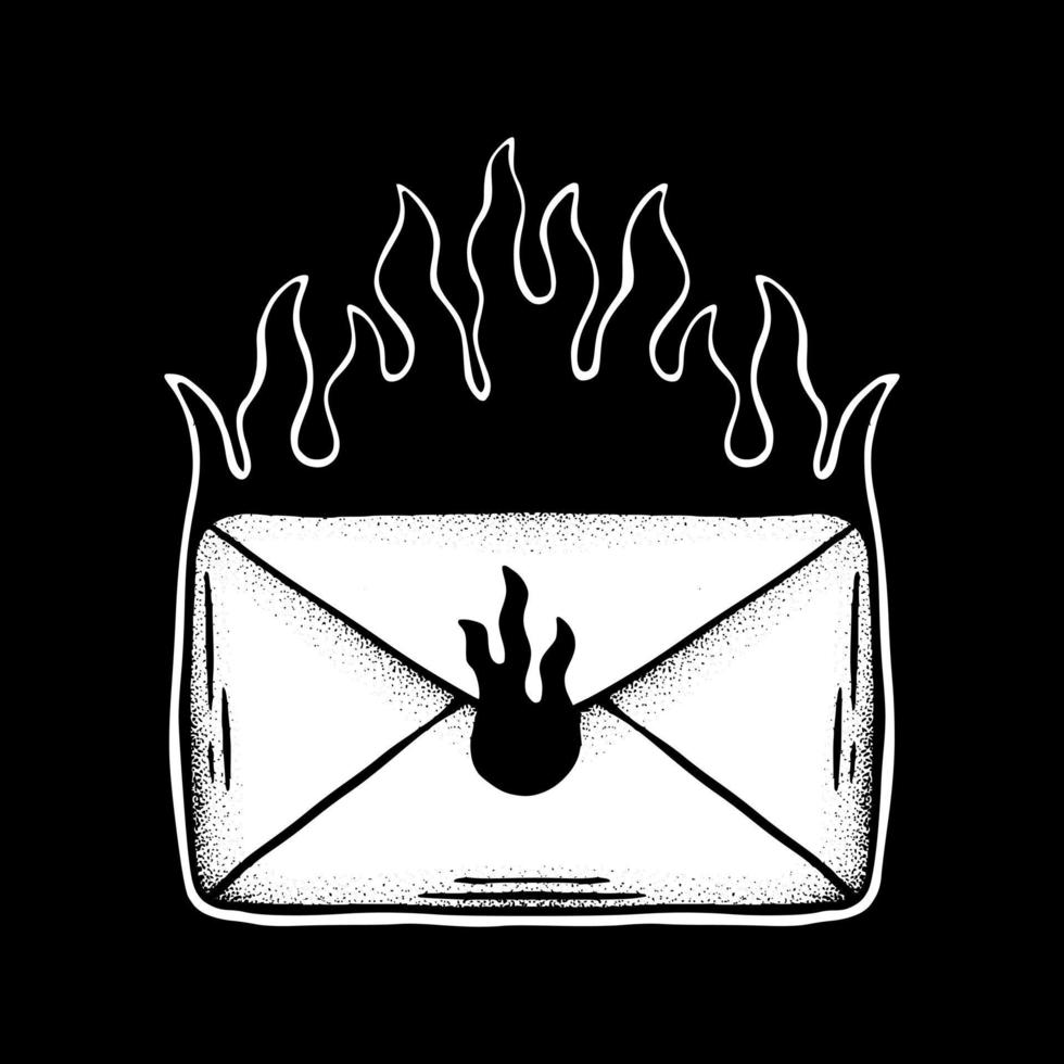 Mail icon flaming art Illustration hand drawn black and white vector for tattoo, sticker, logo etc