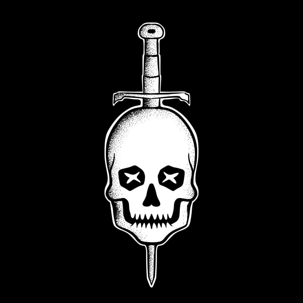 Skull sword art Illustration hand drawn black and white vector for tattoo, sticker, logo etc