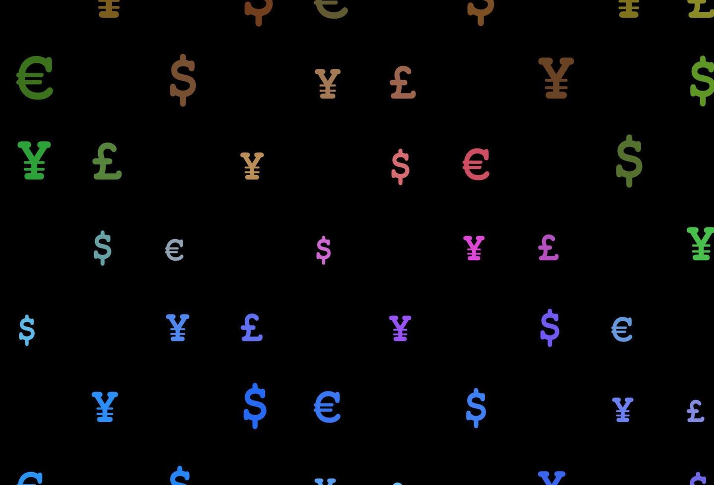 multicolor oscuro, cubierta de vector de arco iris con eur, usd, gbp, jpy.