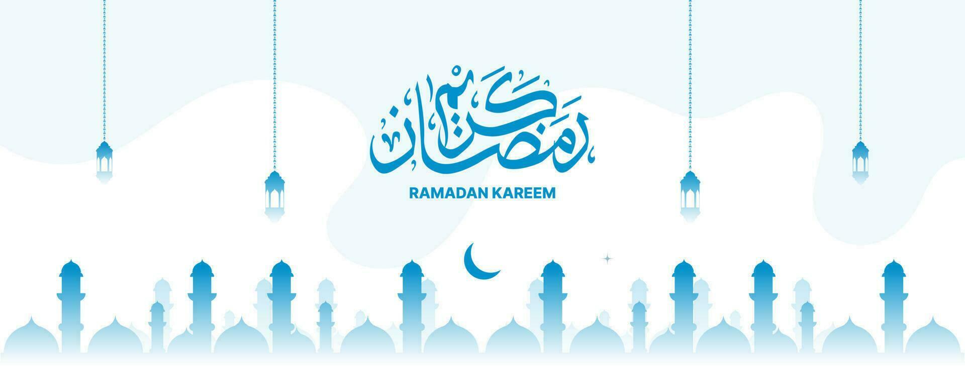 Ramadan Kareem banner design with arabic calligraphy in blue color with islamic mosque and lantern vector illustration