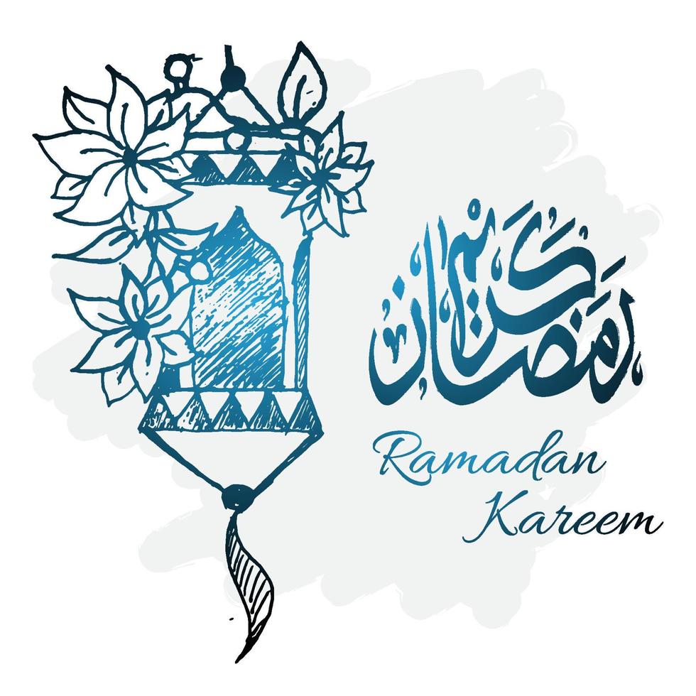 hand drawn style ramadan kareem sketch with lantern, flowers and arabic calligraphy. islamic vector illustration