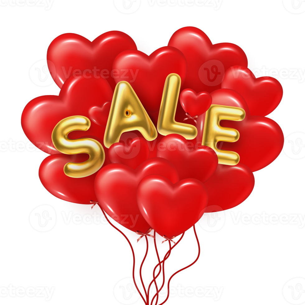 Valentine's day. 3d red balloons in shape heart with gold metallic text Sale. Balloons and ribbon fly. Romantic transparent background, creative banner, greeting card, poster, social media post. PNG