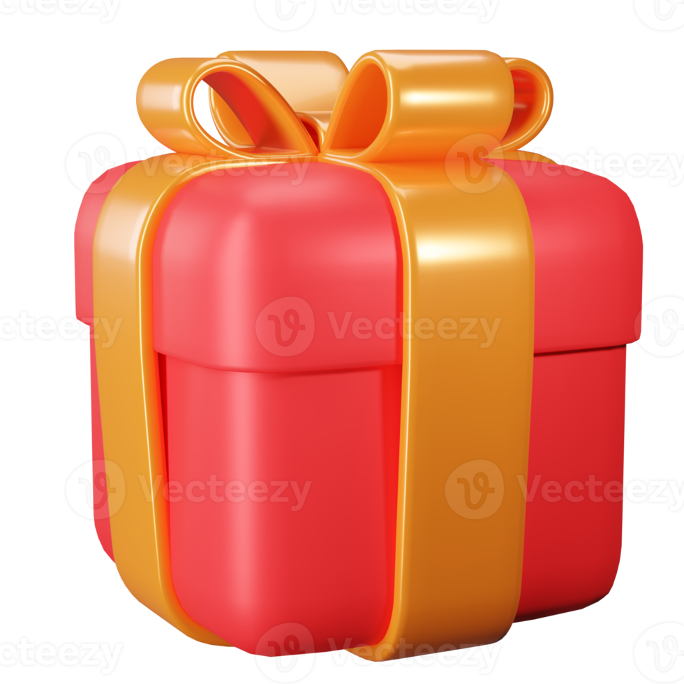 3D-Geschenkbox. Rote Geschenkbox mit goldener Schleife. png