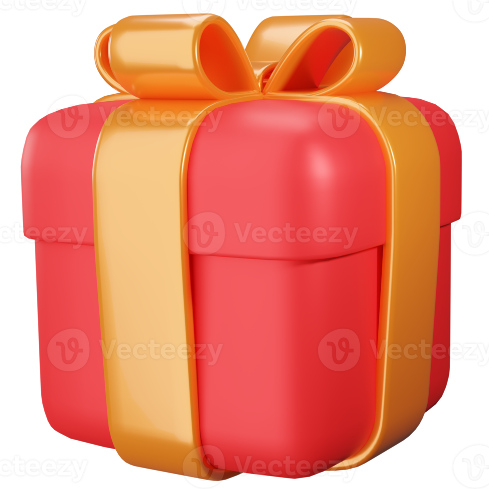3D-Geschenkbox. Rote Geschenkbox mit goldener Schleife. png