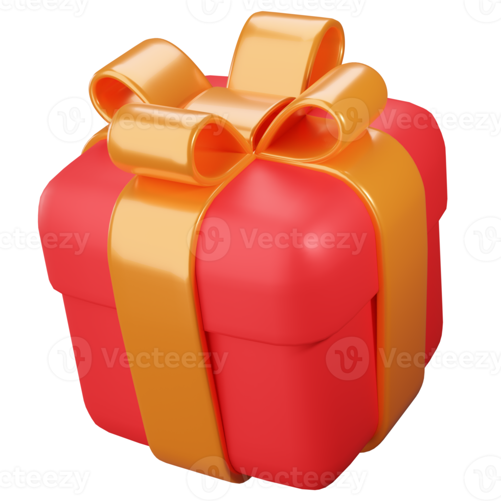 3D-Geschenkbox. Rote Geschenkbox mit goldener Schleife. png