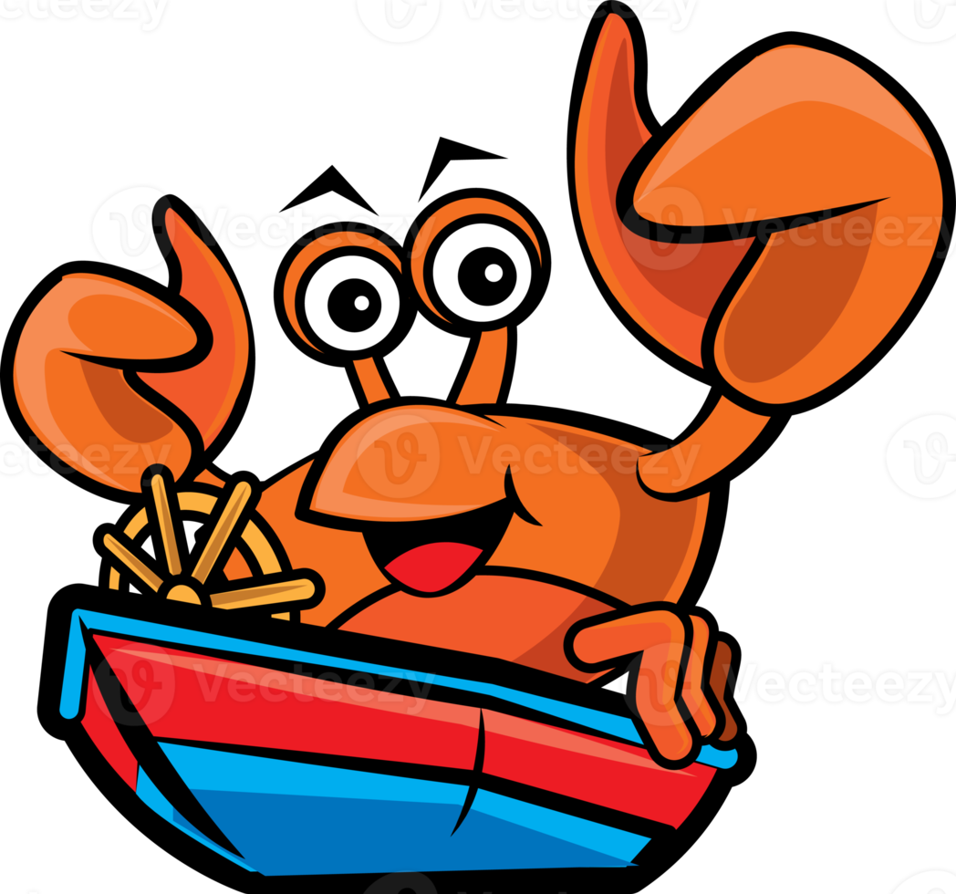 Cartoon character happy seafood crab driving the boat illustration png