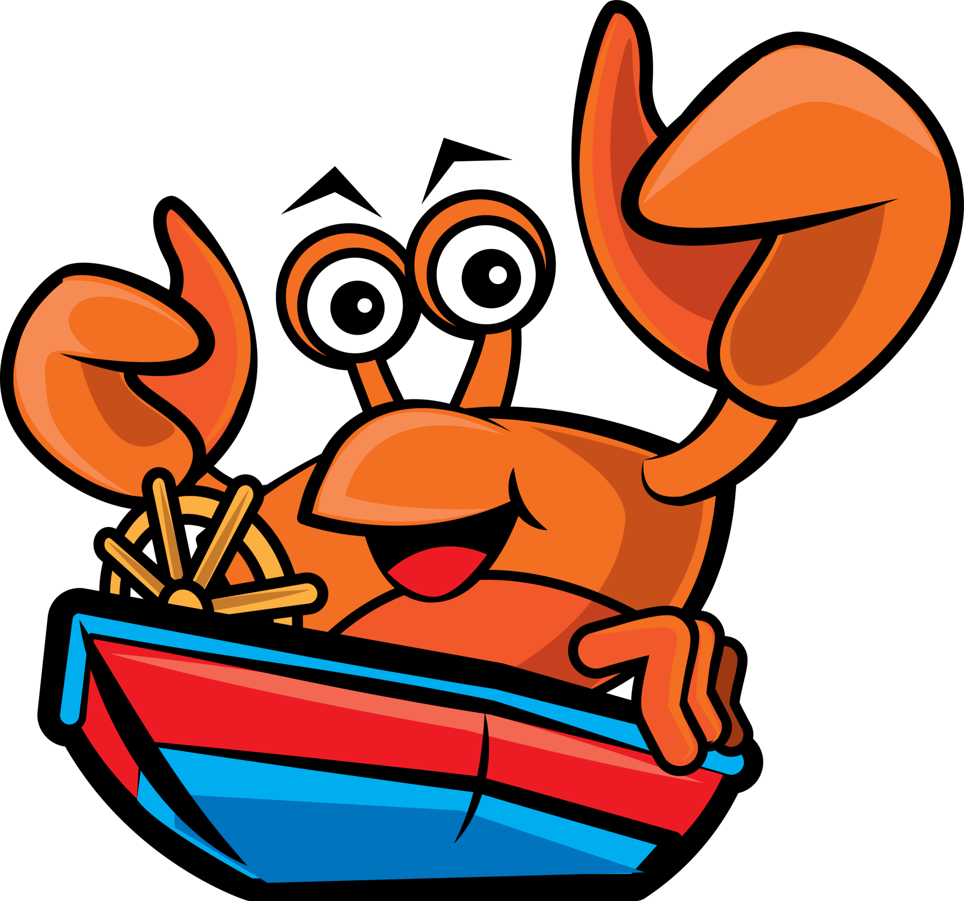 Cartoon character happy seafood crab driving the boat illustration