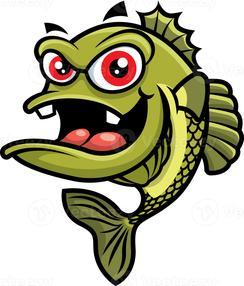 Cute red eyes bass fish open big mouth cartoon character illustration png
