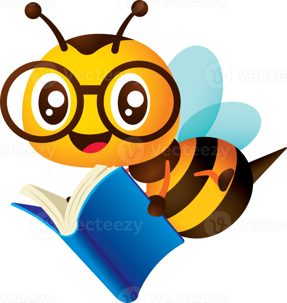 Bee back to school education. Cartoon cute bee with spectacles holding a blue colour book character illustration png