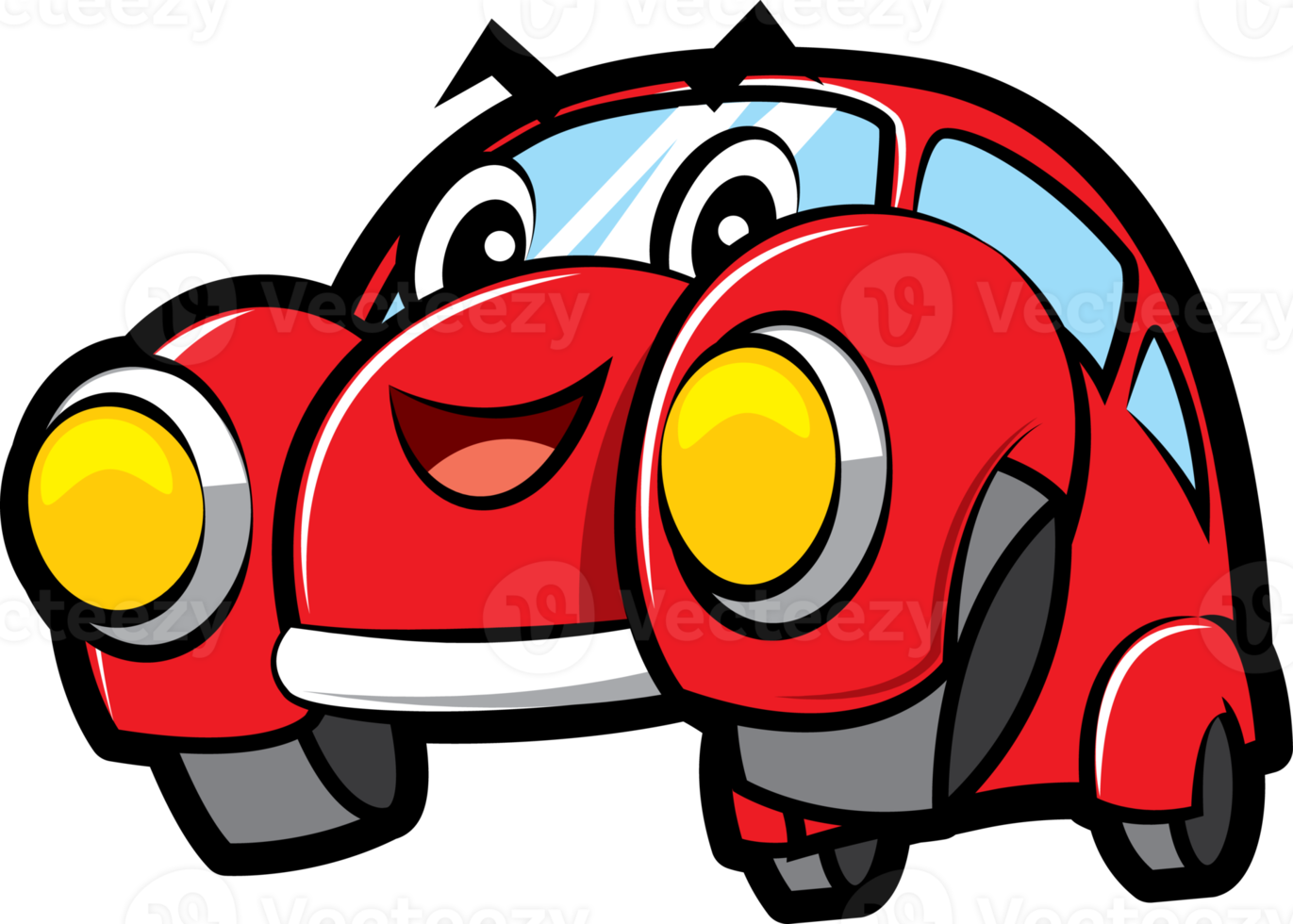 Cartoon cute red colour car with happy smiling character illustration png