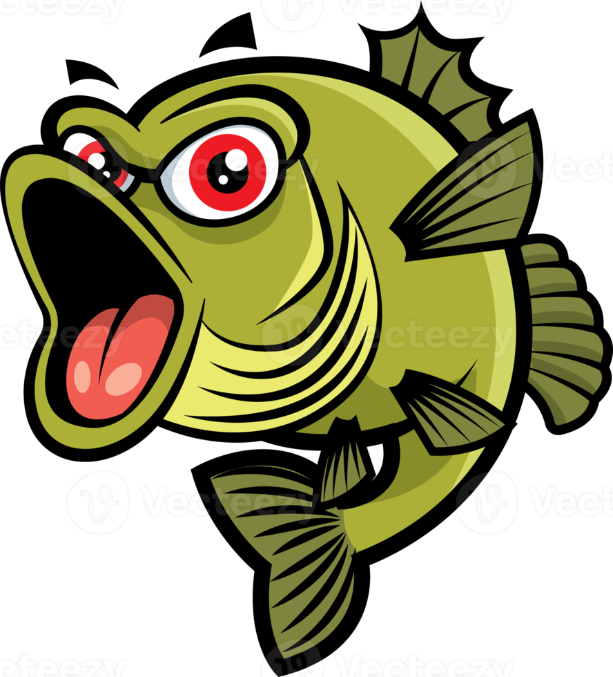 Excited cute red eyes bass fish open big mouth cartoon character illustration png