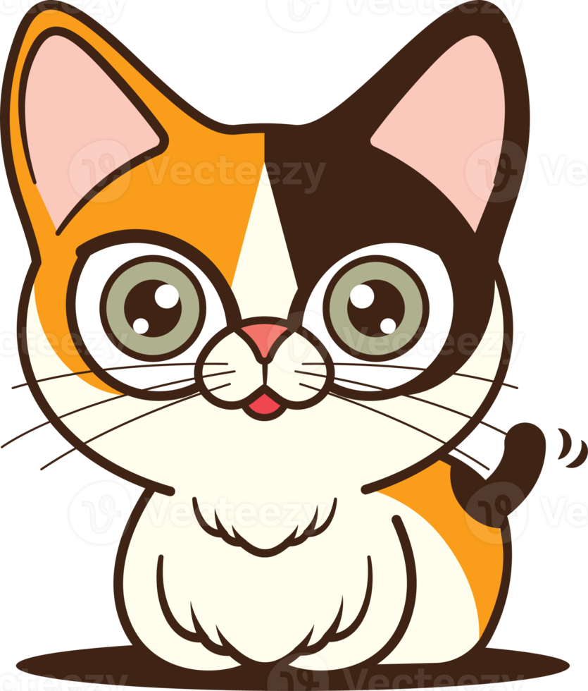 dessin animé mignon chat calico 3 couleurs agitant la queue illustration de caractère png