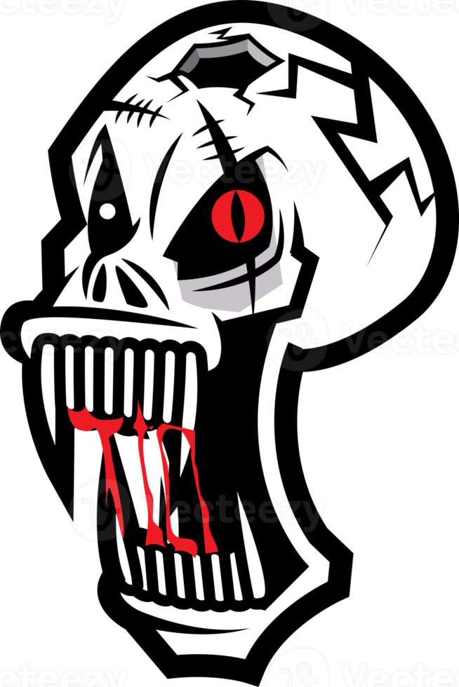 Scary skull clown zombie head open big mouth with sharp teeth cartoon character illustration png