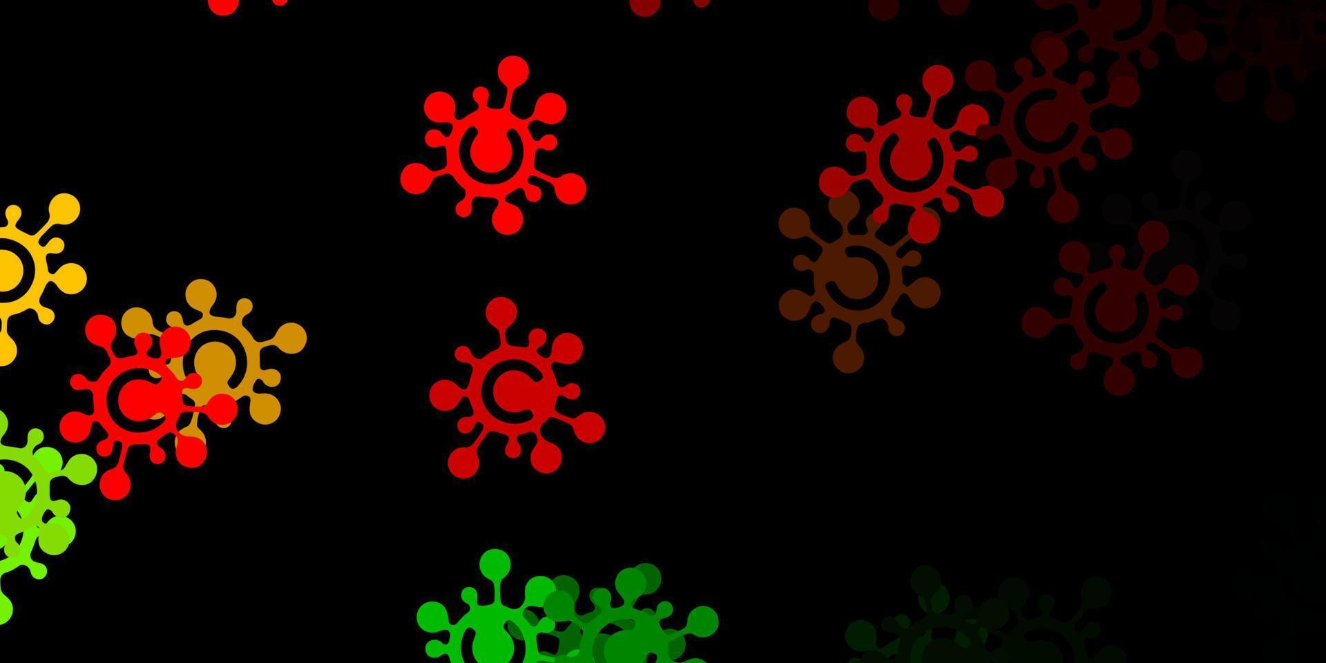 Dark green, red vector background with covid-19 symbols.