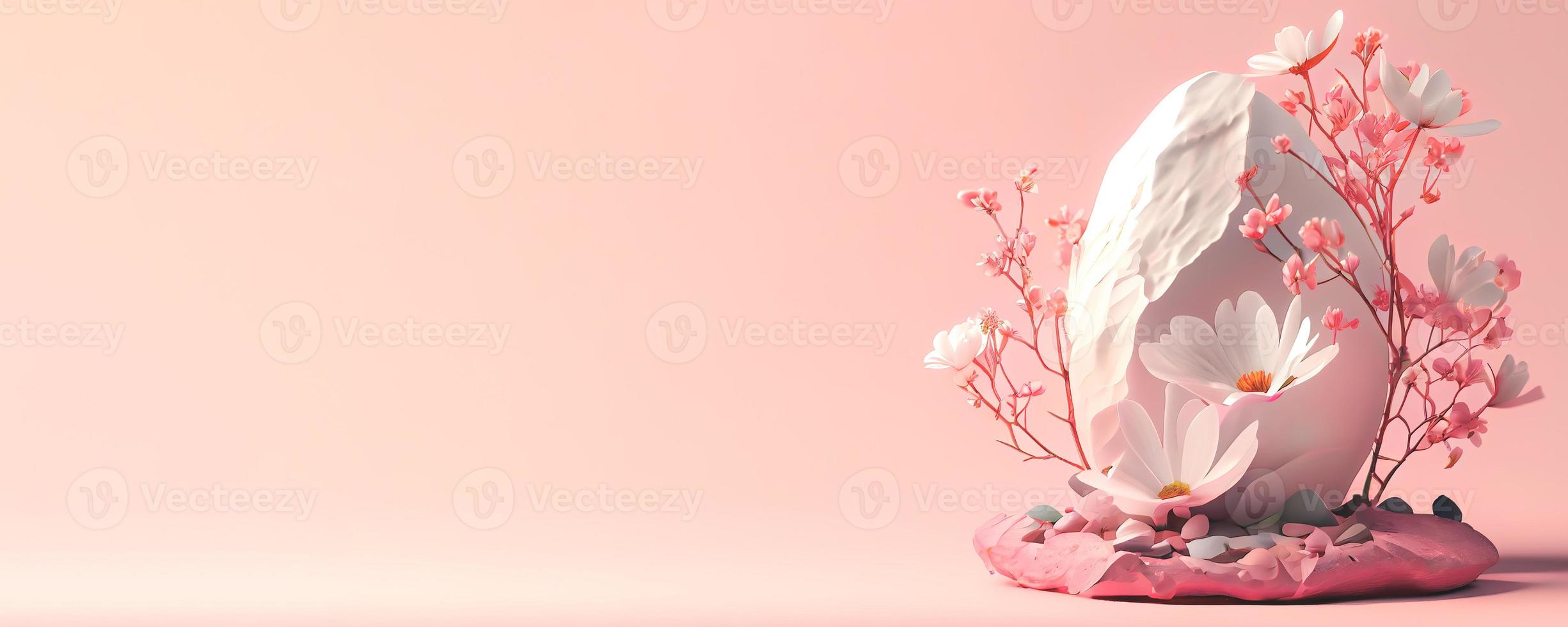 White stones with blossom flowers on pink background. Panoramic banner background with copy space. photo