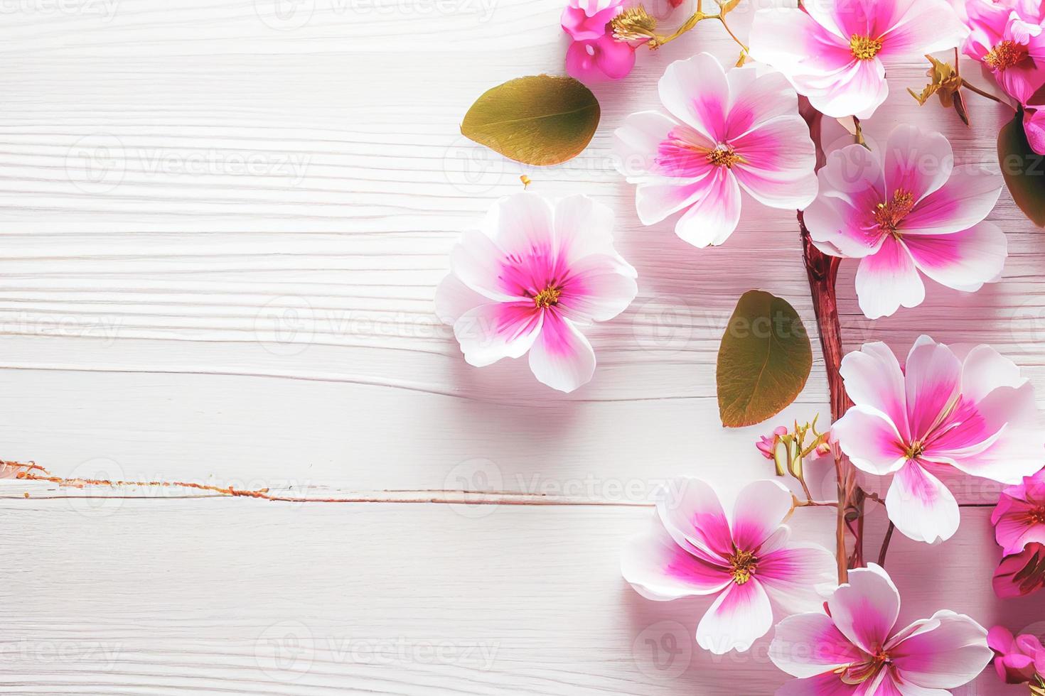 Beautiful pink flowers on white wooden background, Valentine's day concept with copy space photo