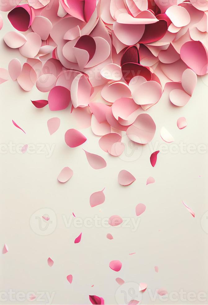 Valentine frame made of rose flowers, confetti on white background photo