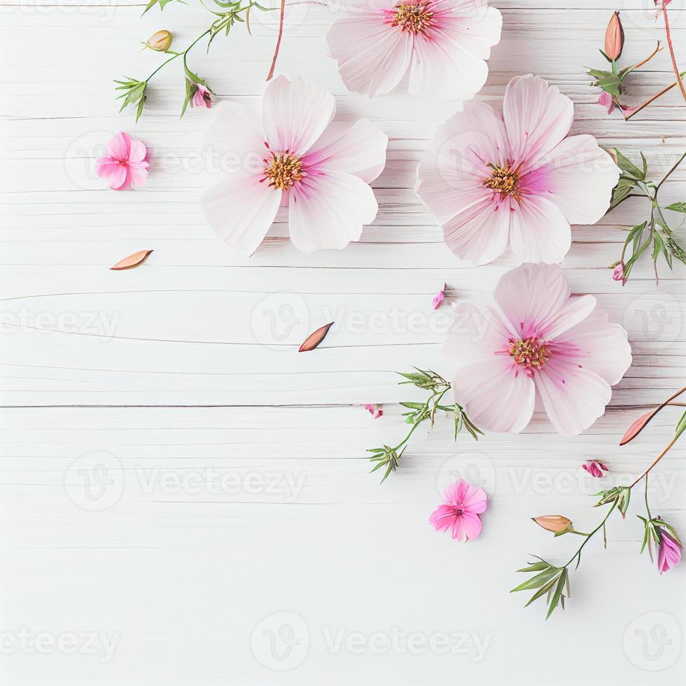 hermosas flores rosas sobre fondo blanco de madera, concepto de día de San Valentín con espacio para copiar foto