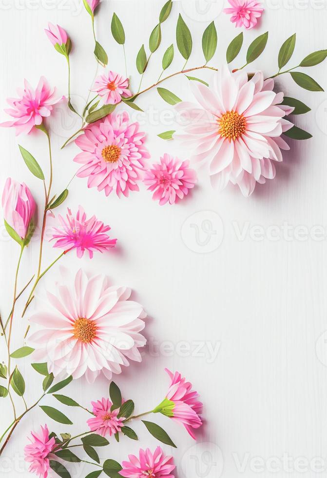 Beautiful pink flowers on white wooden background, Valentine's day concept with copy space photo