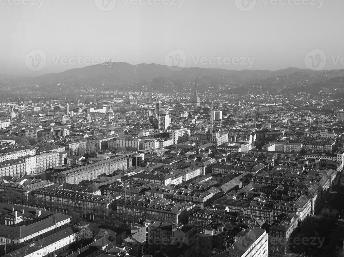 Aerial view of Turin in black and white photo
