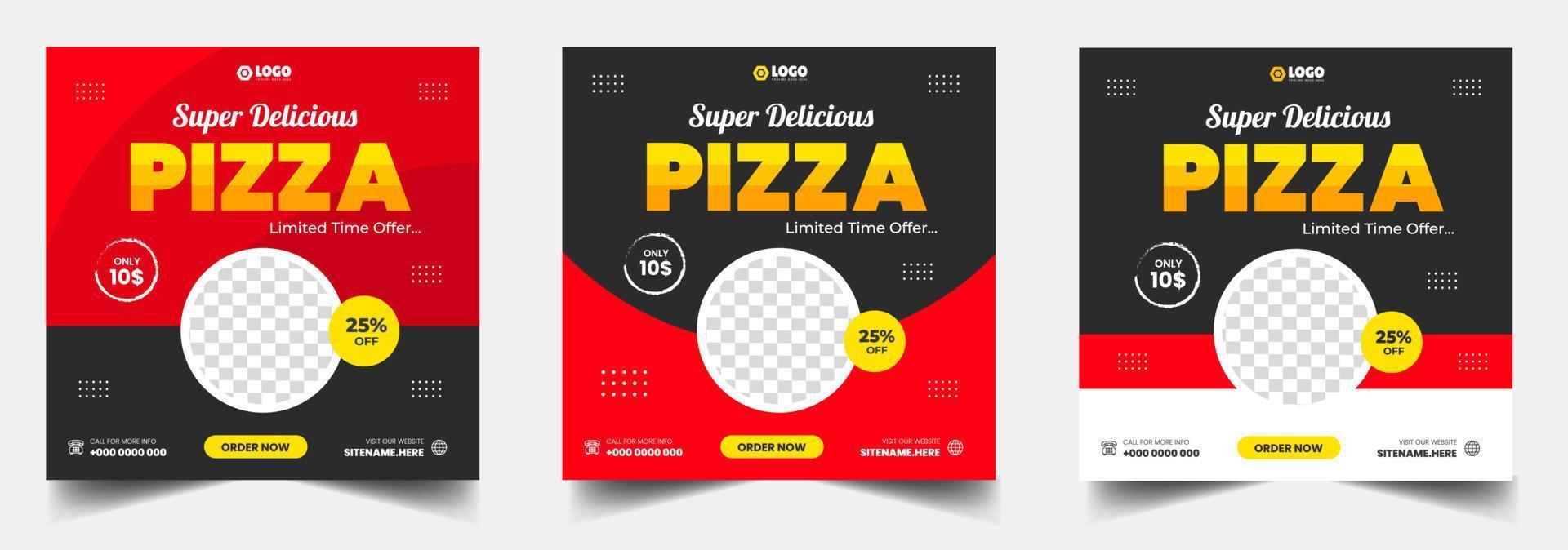 Banner de publicación de pizza en redes sociales. delicioso menú de hamburguesas y pizzas diseño de banner web de promoción de publicaciones en redes sociales. vector