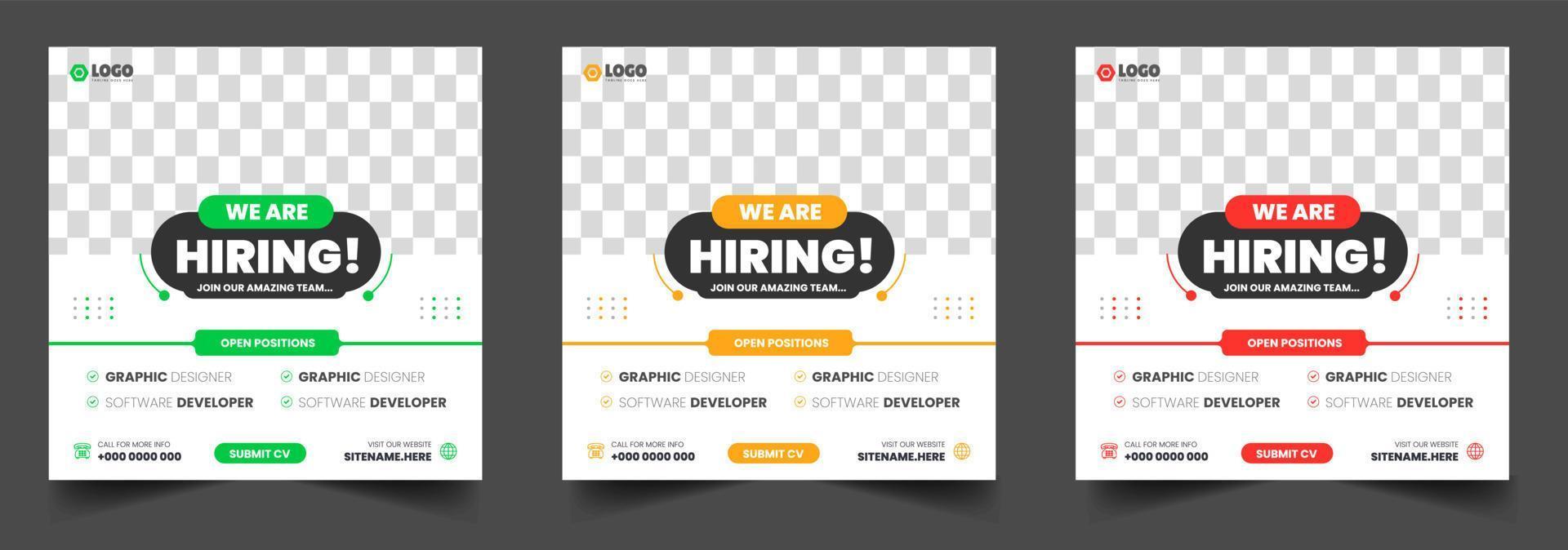 We are hiring job vacancy social media post banner design template with green, red and yellow color. We are hiring job vacancy square web banner design. vector