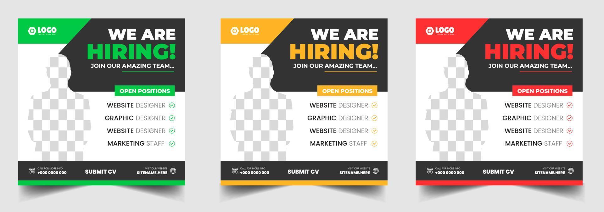 We are hiring job vacancy social media post banner design template with green, red and yellow color. We are hiring job vacancy square web banner design. vector