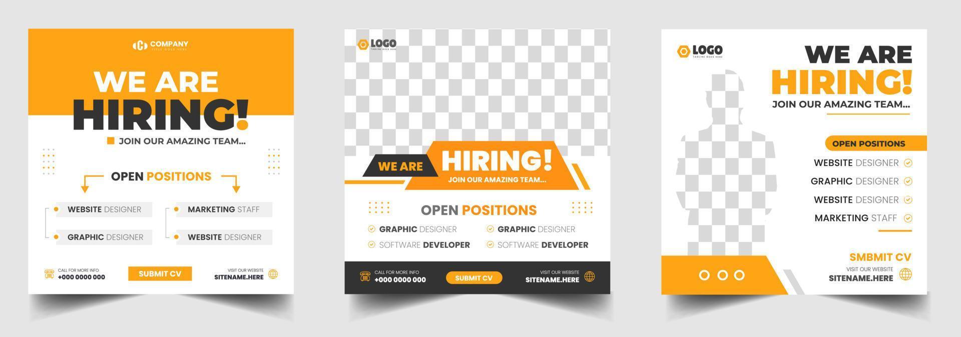 We are hiring job vacancy social media post banner design template with yellow color. We are hiring job vacancy square web banner design. vector