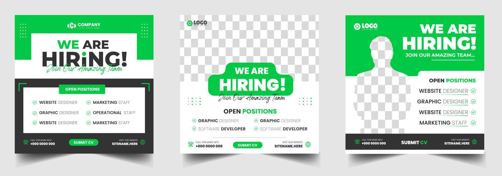 We are hiring job vacancy social media post banner design template with green color. We are hiring job vacancy square web banner design. vector