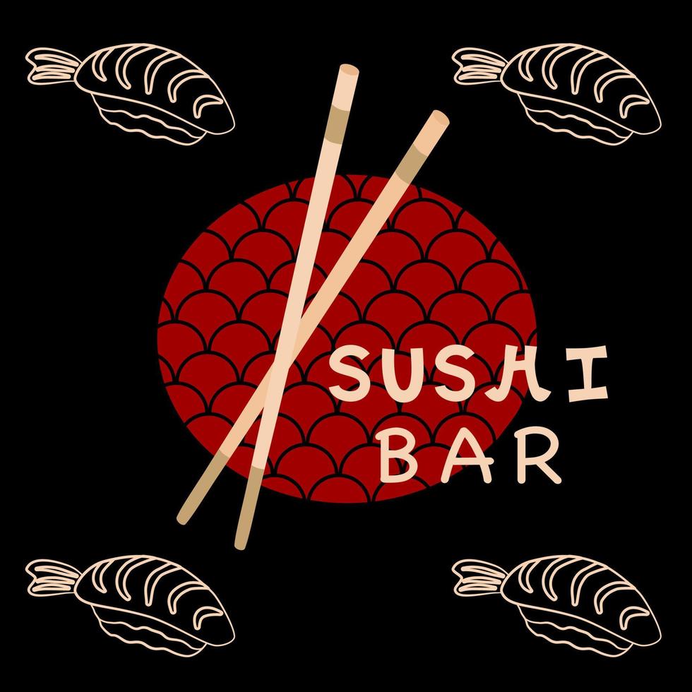 banner de barra de sushi con fondo oscuro y composición cuadrada. cartel de restaurante japonés. vector
