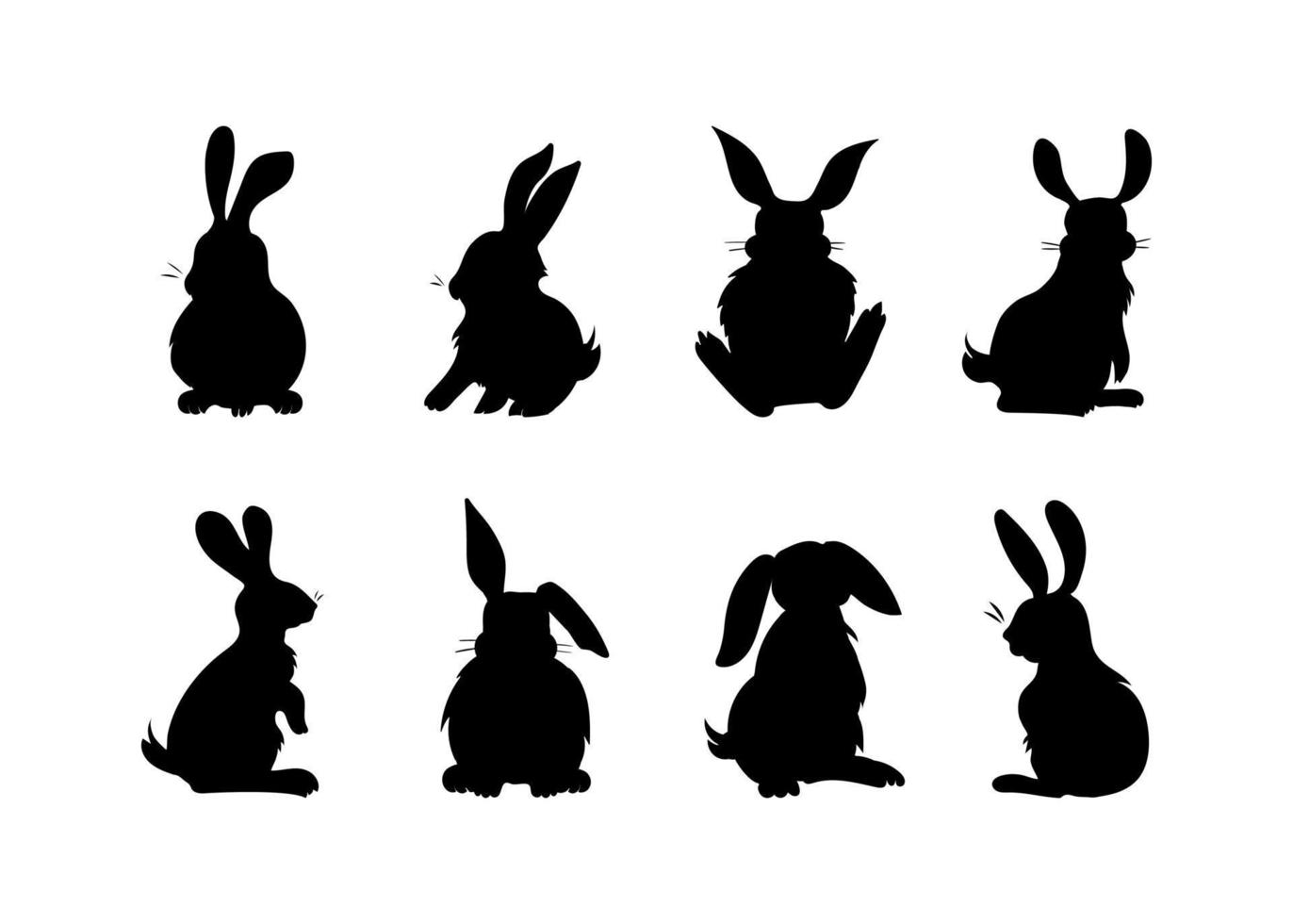 conjunto de ilustraciones de conejos esponjosos, liebres. conejitos en varias poses. siluetas dibujadas a mano con relleno de color negro. imágenes prediseñadas simbólicas artísticas hechas en líneas simples, para impresiones vector
