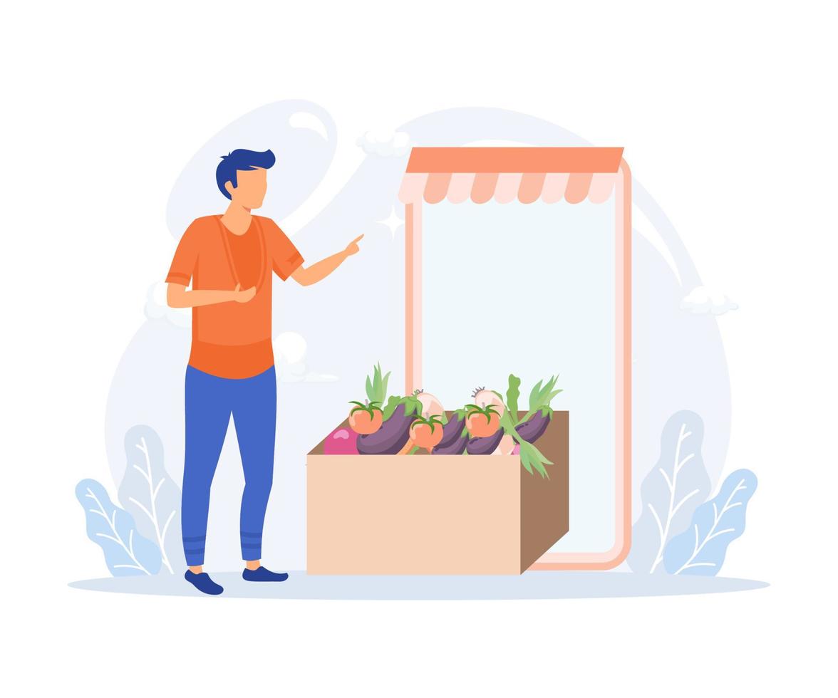 ilustración de la tienda de comestibles. compra de personajes en supermercados y verduras orgánicas frescas en línea y otros comestibles. concepto de compra de alimentos. ilustración moderna de vector plano