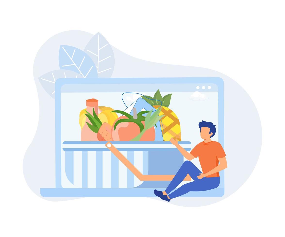 Grocery food shopping illustration.  Character buying online on laptop and smartphone fresh organic vegetables and grocery items, putting in shopping basket or trolley. Flat vector modern illustration