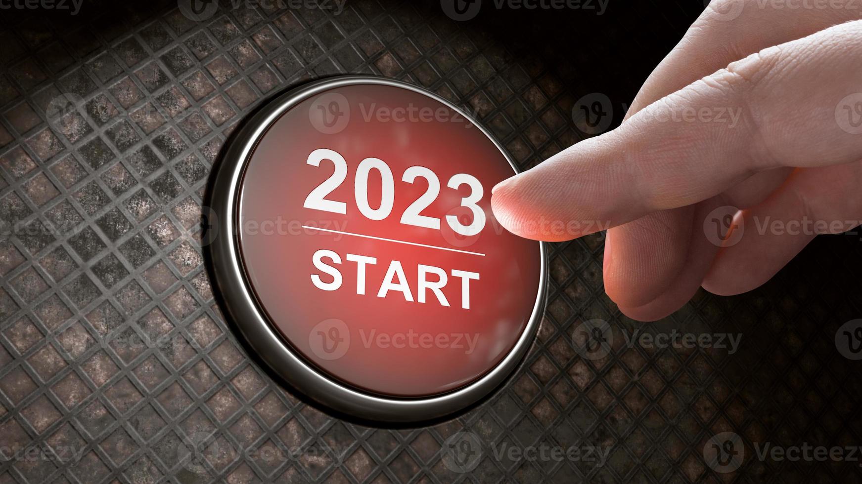 Start 2023. Happy New Year button. 3D illustration photo