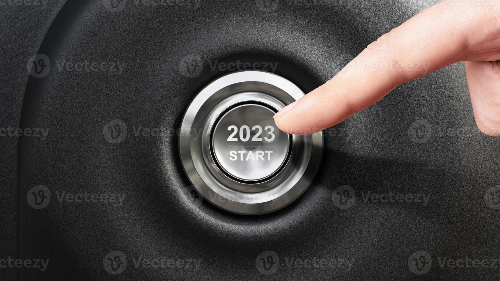 Start 2023. Happy New Year button. 3D illustration photo