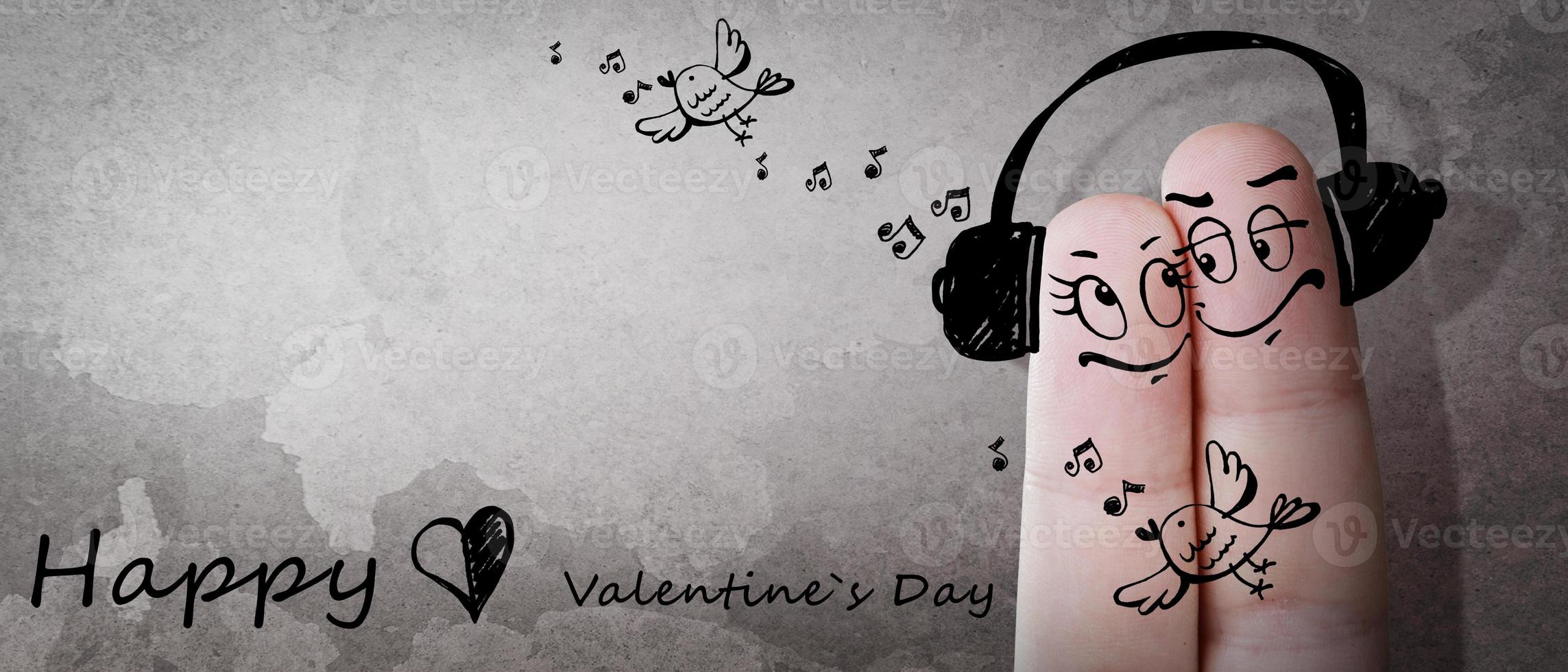 Happy finger couple in love with headphone. 3d illustration. photo