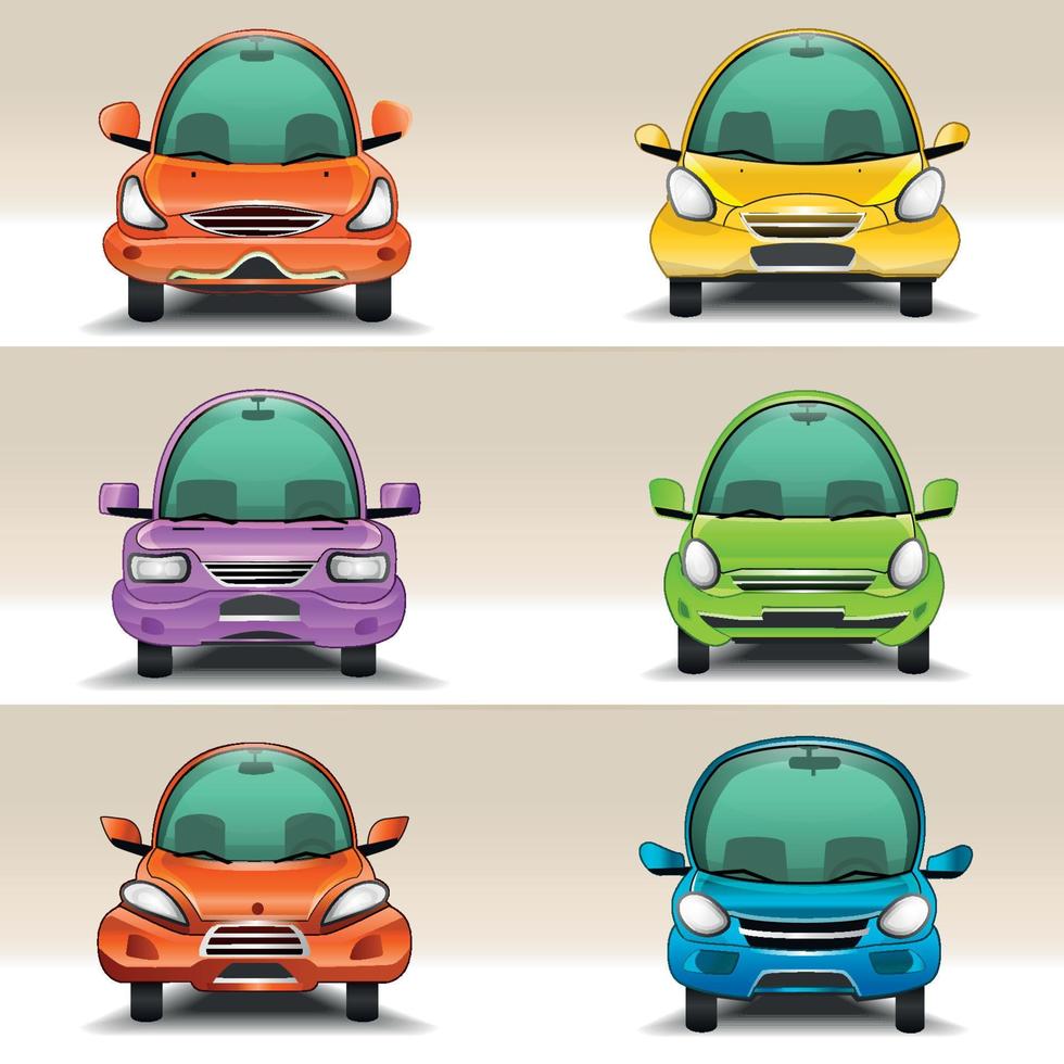 Ilustración de vector de vista frontal de coches de dibujos animados coloridos