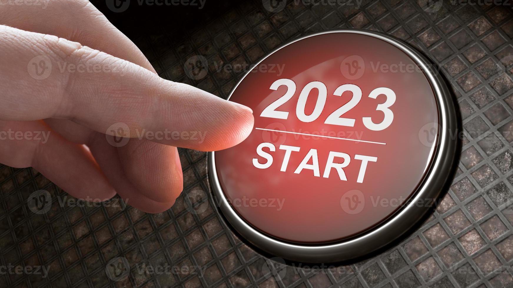 Start 2023. Happy New Year button. 3D illustration photo