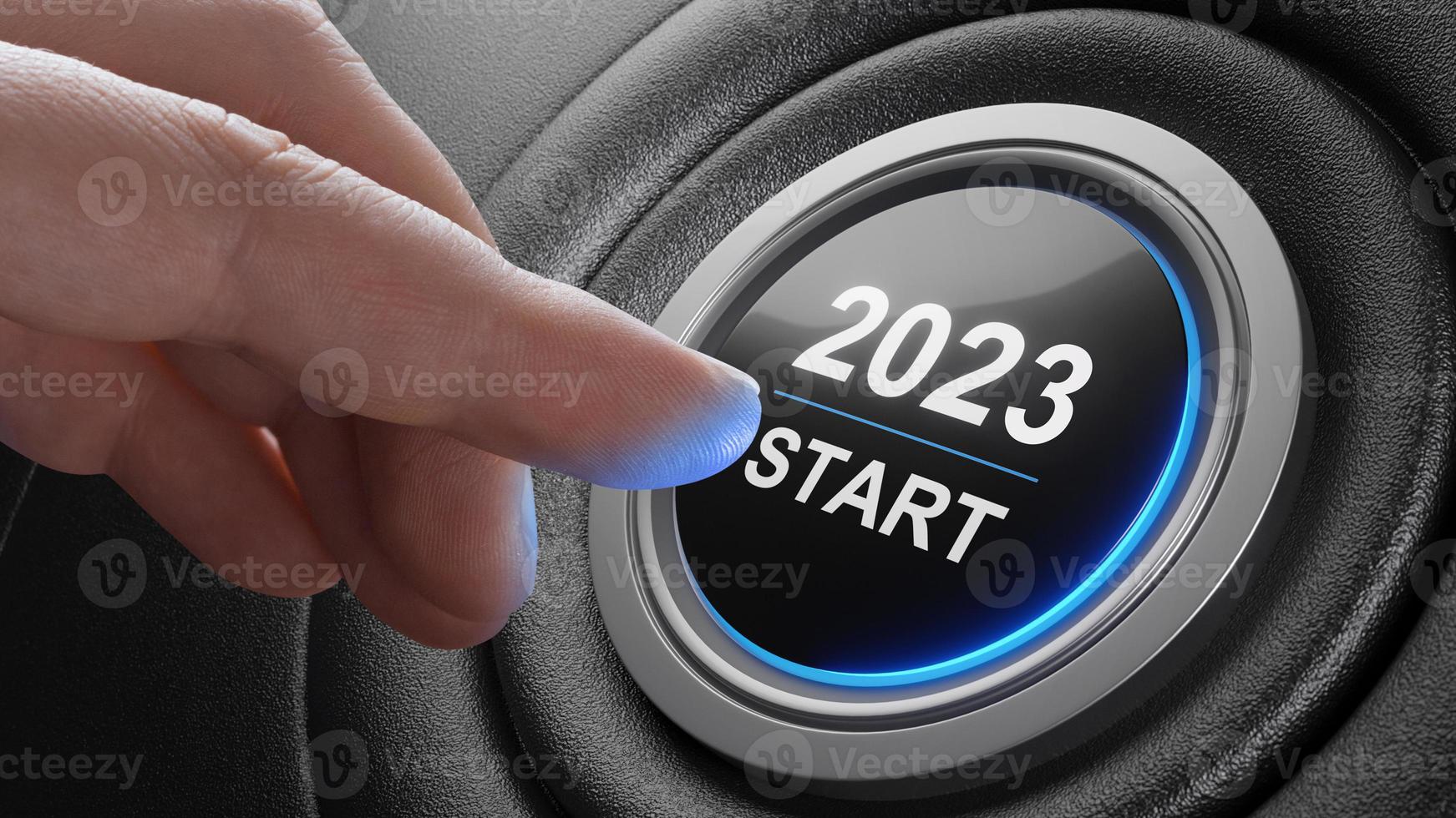 Start 2023. Happy New Year button. 3D illustration photo