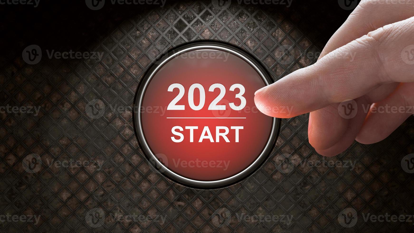 Start 2023. Happy New Year button. 3D illustration photo